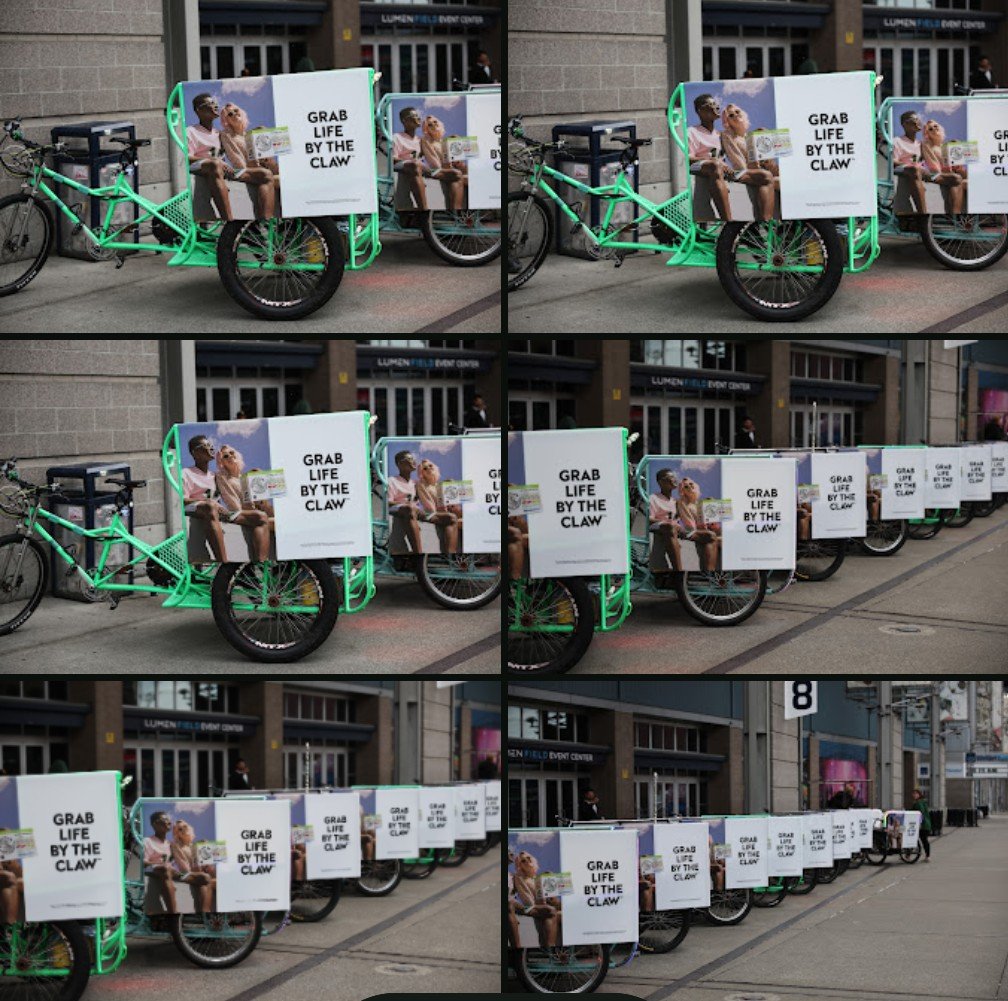 Multiple 6-seating billboard pedicabs with White Claw advertisements. The ads are 4ft x 3ft