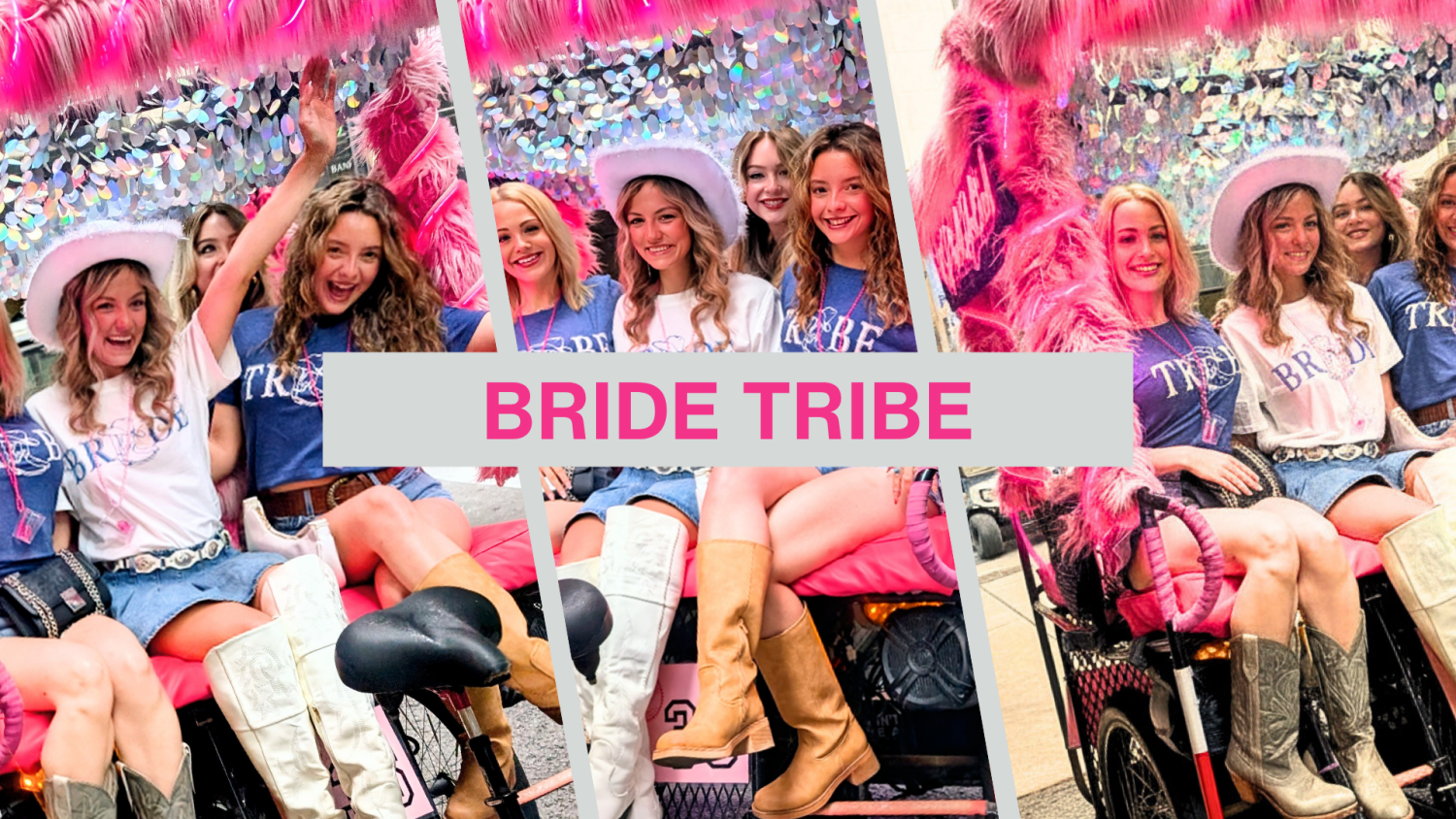 Bachelorette party group in matching Bride Tribe shirts and cowboy boots riding a hot pink Local Bike Taxi pedicab in downtown Nashville