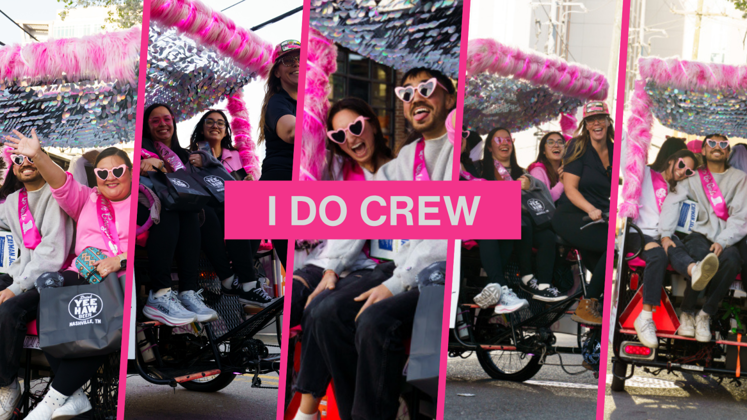 A collage of photos from a Bachelorette trip on a hot pink pedicab