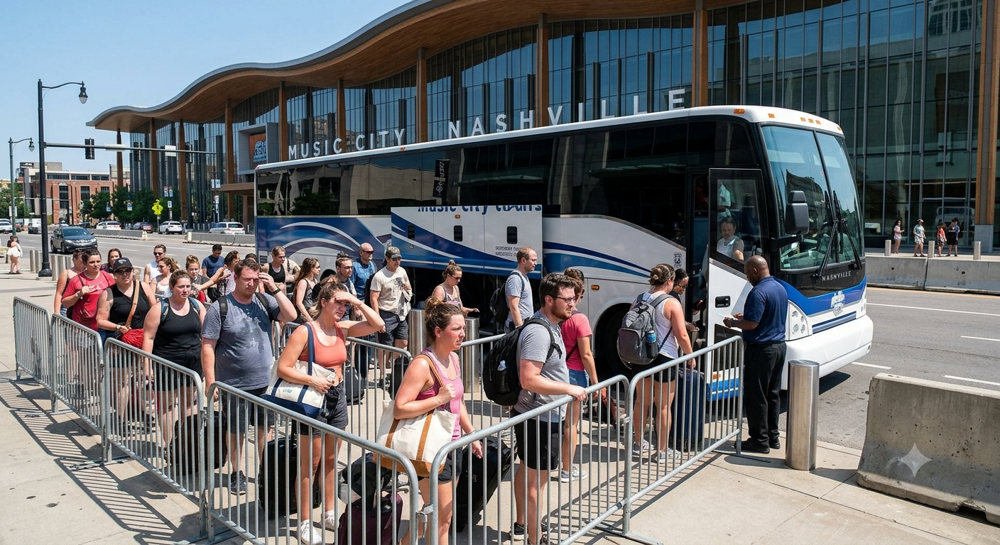 People loading a motor coach in the sun in front of the Music City Center 