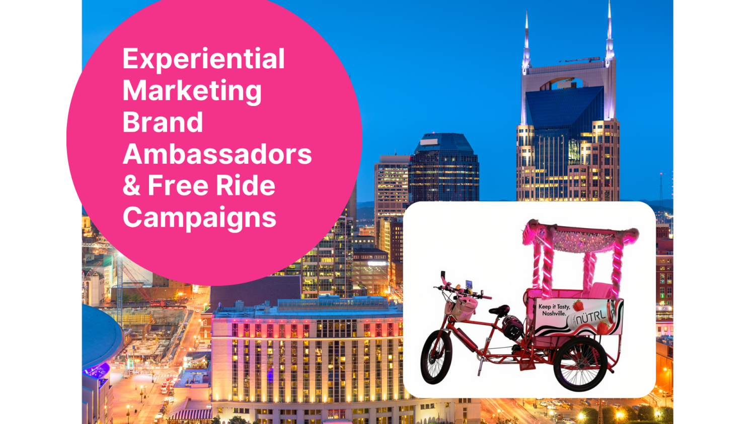 The Nashville skyline with a pink pedicab front and center. This an ad for marketing on pedicabs.