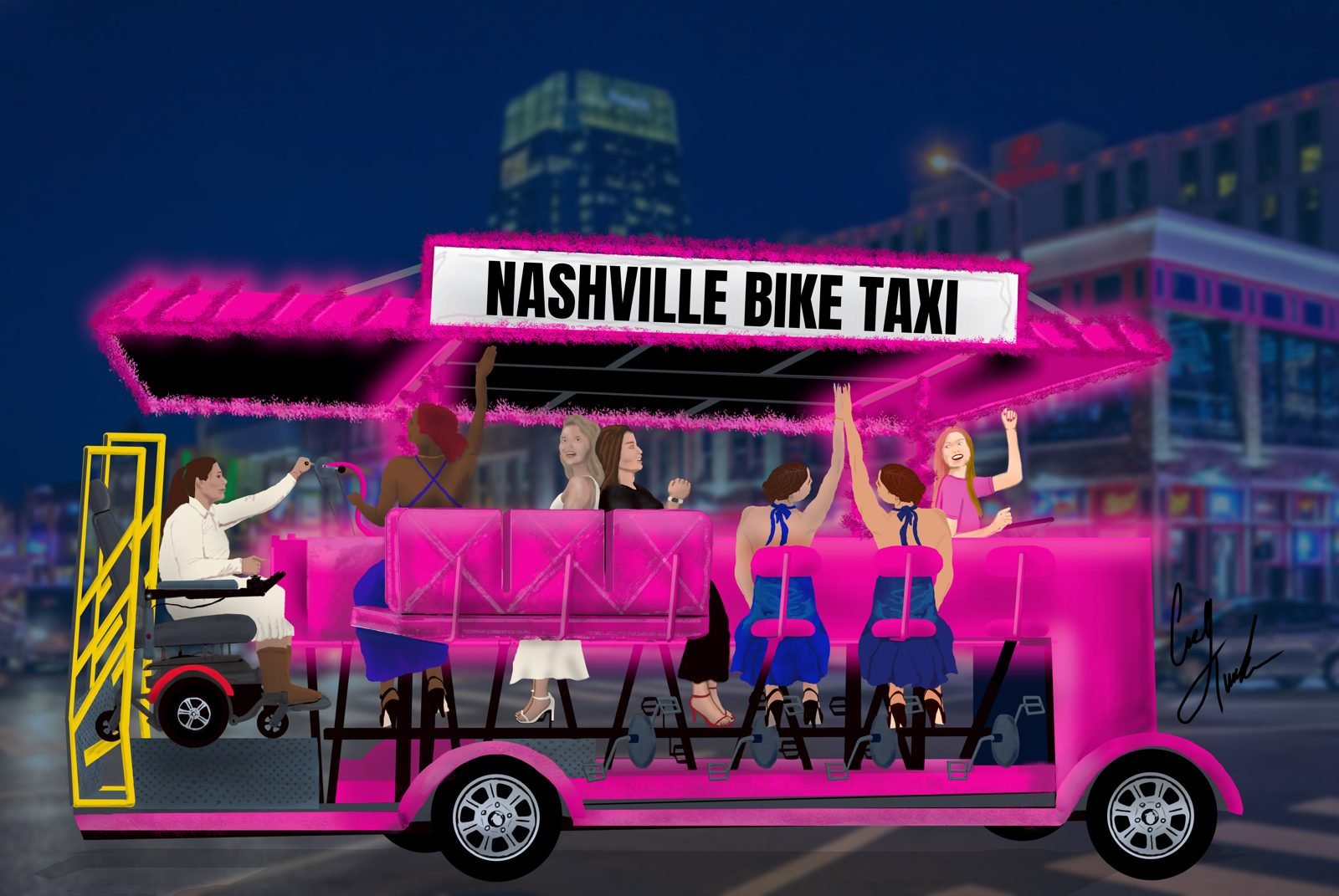 A pink furry party bike in Nashville Tennessee. This contraption has seats on either side of a 20ft long vehicle where patrons pedal the bar to power it. The rear seating area can hold a bench or up to two wheel chairs. Some of the pedal seats on the side of the pedal bar have been replaced with airplane row seating to give trunk support to guest with other types of disabilities.