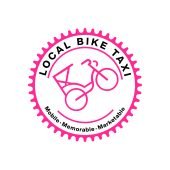Local bike taxi logo of a hot pink pedicab doing a wheelie